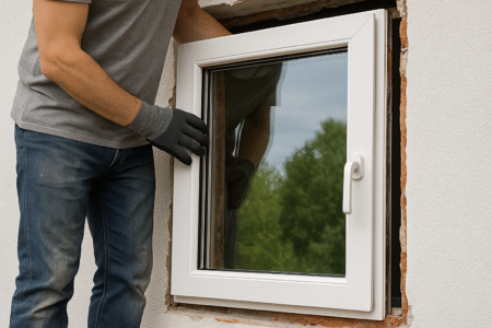 Handwerker beim Einbau eines Kunststofffensters