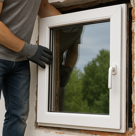 Handwerker beim Einbau eines Kunststofffensters