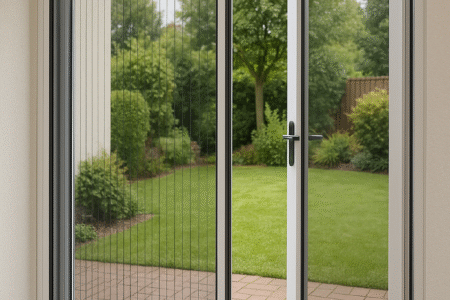 Terrassentür mit Plissee-Insektenschutz und Gartenblick