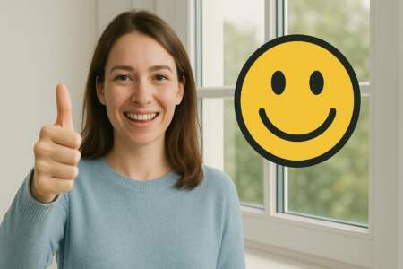 Zufriedene Frau zeigt Daumen hoch neben Smiley
